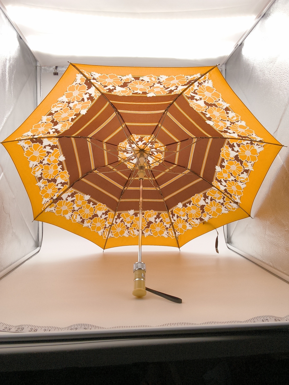 Vintage 70s Floral Striped Folding Umbrella Retro Mustard Brown Boho Mod